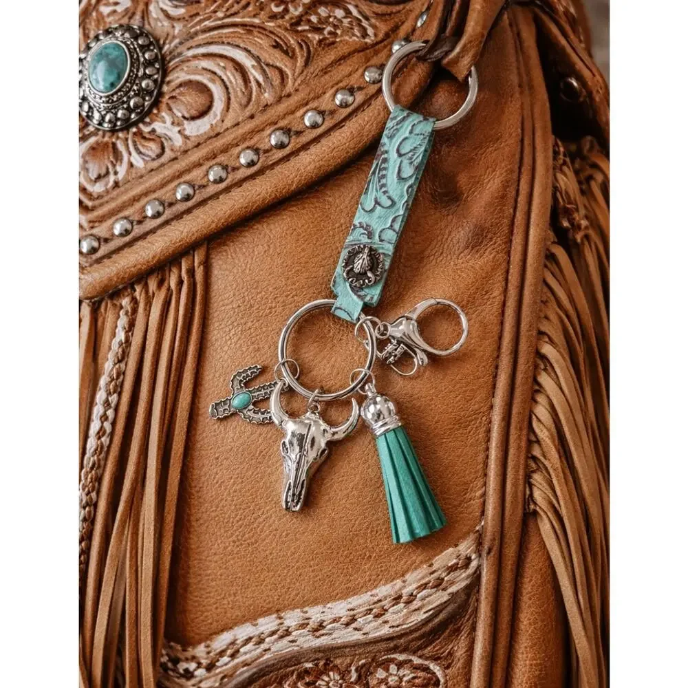 Silver Blue Green Western Bag Charm Key Chain New
